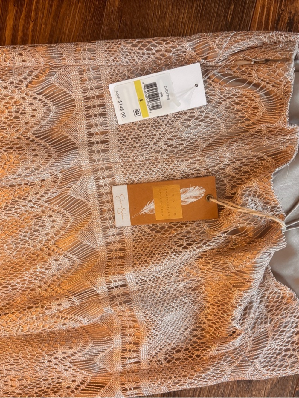 ⭐️NWT Jessica Simpson Crochet Fringe Dress Size 4 Taupe Boho Festival Beach Mini - Picture 15 of 16